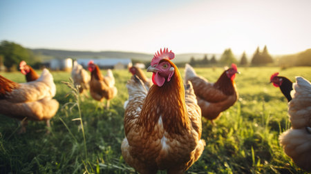 flock of Plymouth Rock bar hens are feeding in the pasture. There is a farm in the background.の素材