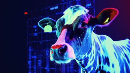 AI analyzes livestock data: Sensors track animal health such as temperature, heart rate, and activity. AI analyzes data to identify animals that are sick or stressed.の素材