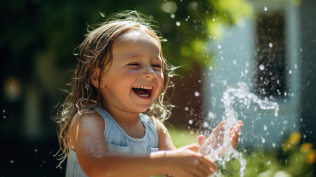 girl is having fun playing in the water in the garden where the automatic watering system is working. Children having fun with nature Demonstrate the safety of the automatic watering system.の素材