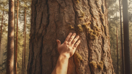 Hands touching pine trees in the forest Hands touching an old oak treeの素材