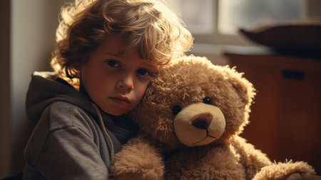 Depressed child hugs with teddy bearの素材