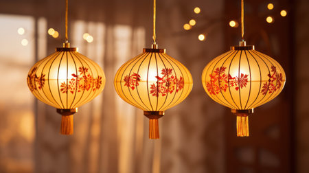 Happy Chinese New Year Hanging Shining Lanterns, Traditional Chinese New Yearの素材