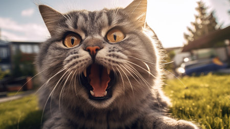 Funny large gray cat Cute soft cat licks lipsの素材