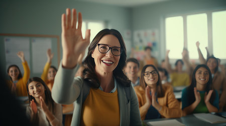 happy female teacher gives a high five to her students during class in the classroom.の素材