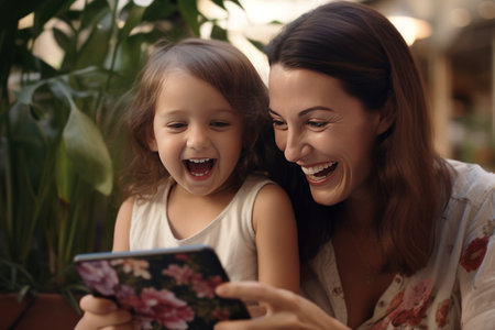 Happy family mother and cute little daughter laughing Look at the mobile screenの素材