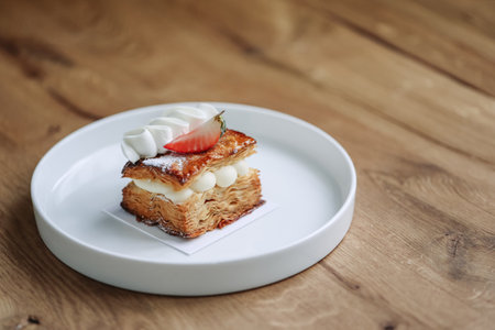 Delicious strawberry cake with whipped cream on wooden table. Mille Feuille of Strawberries.