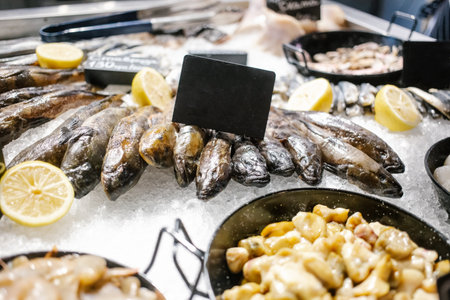 Various seafood on the shelves of the fish market. Fresh seafood on crushed ice at fish market. Selective focus.の写真素材