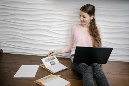 Student woman learning reading at home