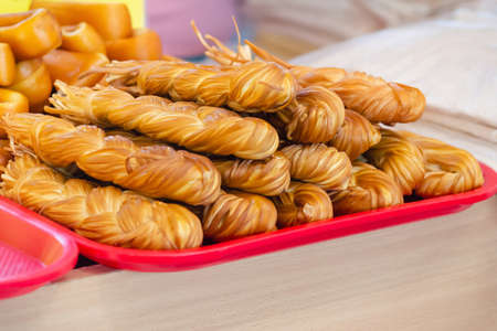 Smoked cheese on the counter.