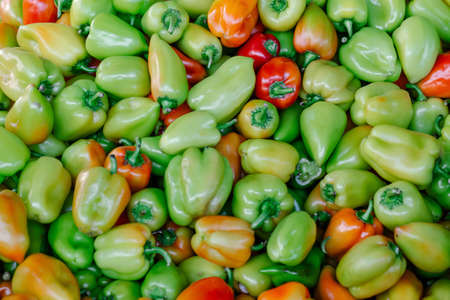 colorful fresh peppers in vegetable marketの写真素材