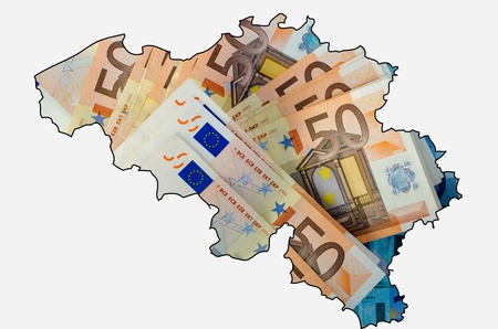 Outlined map of Belgium with background of euro banknotes