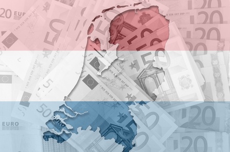 Outlined map of Netherlands with transparent background of euro banknotes and dutch flagの写真素材