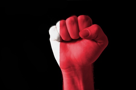 Low key picture of a fist painted in colors of bahrain flagの写真素材