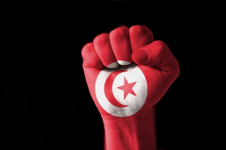 Low key picture of a fist painted in colors of tunisia flagの写真素材