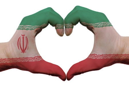 Gesture made by iran flag colored hands showing symbol of heart and love, isolated on white...