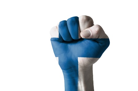 Low key picture of a fist painted in colors of finland flagの写真素材