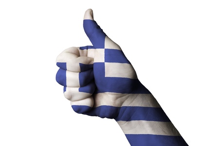 Hand with thumb up gesture colored ingreece national flag as symbol of excellence, achievement, good, - useful for tourism and touristic advertising and also current positive political, cultural, social management of state or countryの写真素材