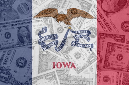 transparent united states of america state flag of iowa with dollar currency in background symbolizing political, economical and social governmentの写真素材
