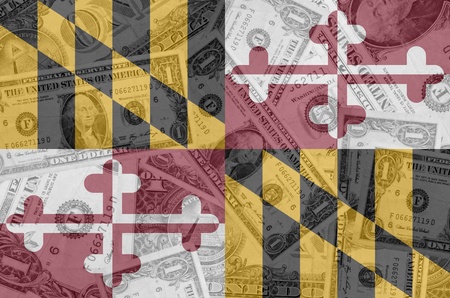 transparent united states of america state flag of maryland with dollar currency in background symbolizing political, economical and social governmentの写真素材