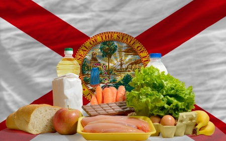 complete american state flag of florida covers whole frame, waved, crunched and very natural looking. In front plan are fundamental food ingredients for consumers, symbolizing consumerism an human needsの写真素材