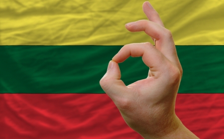 man showing excellence or ok gesture in front of complete wavy lithuania national flag of  symbolizing best quality, positivity and succesの写真素材