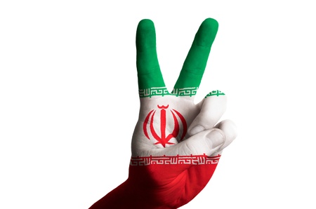 Hand with two finger up gesture in colored iran national flag as symbol of winning, victorious,...