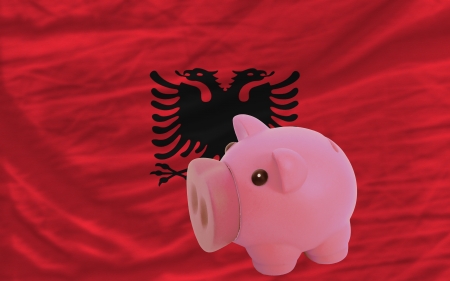 Piggy rich bank in front of national flag of albania symbolizing saving and accumulating funds as good financial habitの写真素材