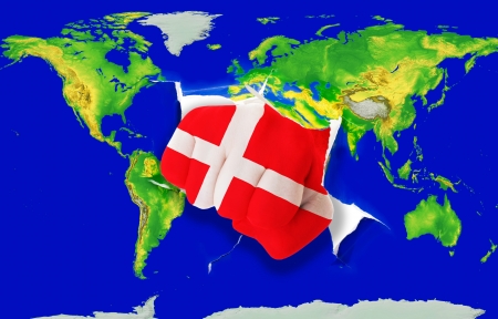 Fist in color national flag of denmark punching world map as symbol of export, economic growth,...