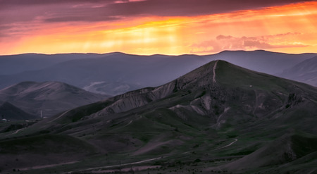 natural with mountains silhouette on sunset, Crimeaの写真素材