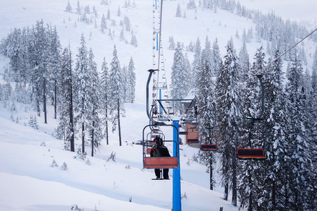 cable car lift at ski resort. winter backgroundの写真素材