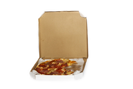 Pizza slices in a box with tomatoes, cheese and meat, fast food isolateの写真素材