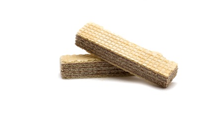 Two wafers with chocolate on a white background, sweetness, isolateの写真素材
