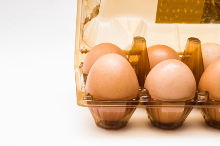 Chicken eggs in a box for eggs on a white backgroundの写真素材