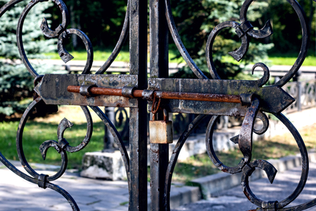 Old forged gate and lock on the background of the forest, retroの写真素材
