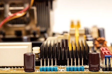 Resistors on the motherboard, macro photo, side view
