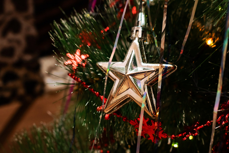 Christmas tree toy star on the background of branches of New Year's firの写真素材