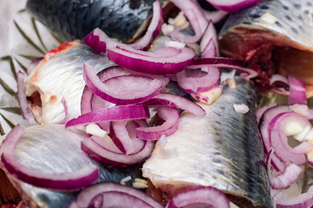 Herring with red onion rings close up with copy spaceの写真素材