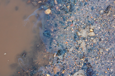 Colorful puddle of gasoline on the asphalt road close upの写真素材