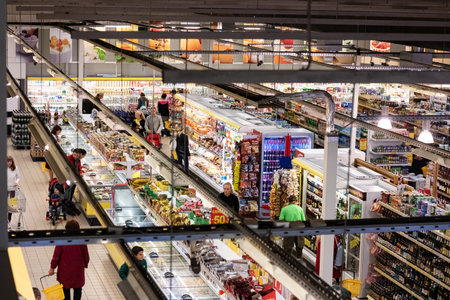 Belarus, Novopolotsk - July 10, 2019: Hall of the supermarket top view