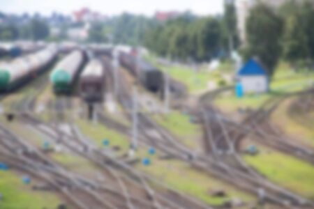 Rail tracks and the trains close up top view close up, blurred background