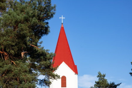 BELARUS, NOVOPOLOTSK - OKTOBER 16, 2019: Red roof of a church with a cross among treesのeditorial素材