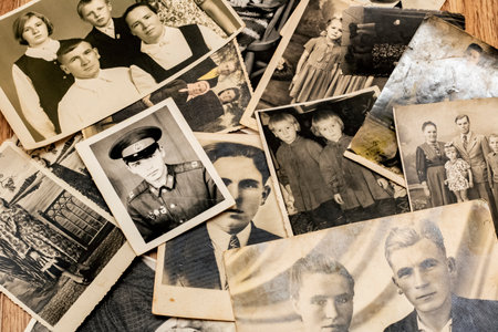 BELARUS, NOVOPOLOTSK - NOVEMBER 03, 2019: A bunch of old black and white photos, backgroundのeditorial素材