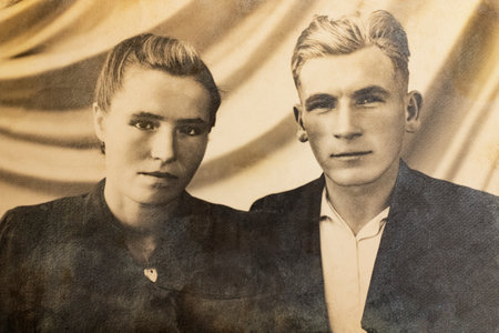 BELARUS, NOVOPOLOTSK - NOVEMBER 03, 2019: Old photo of man and woman close upのeditorial素材