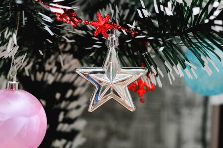 Silver star on a Christmas tree branch close upの写真素材