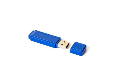 Blue usb flash drive isolated on a white backgroundの写真素材