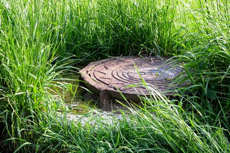 Old sewer manhole among the green grass close up