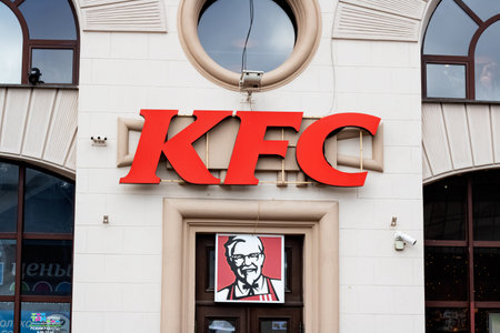 BELARUS, MINSK - DECEMBER 03, 2019: Signboard of KFC restaurant close up