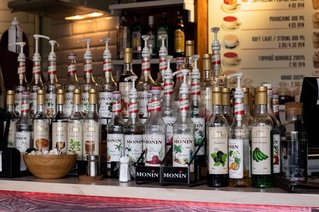 BELARUS, NOVOPOLOTSK - MARCH 08, 2020: Various liquor bottles on bar counter close upのeditorial素材