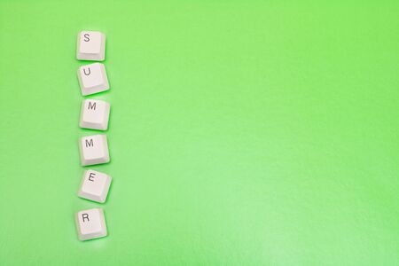 Word summer made of cubes on a green background close up, copy space