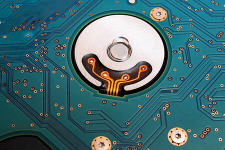 Board inside a computer hard drive close up